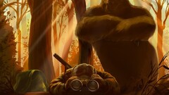 humor dark humor nature landscape digital art Men hunter Trees