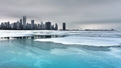 ice building cityscape Chicago winter cyan mist reflection gray