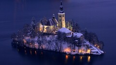 Island Church Slovenia lake bled snow
