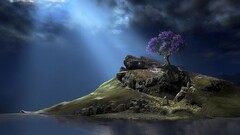 Island digital art reflection water Trees sky clouds