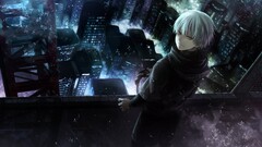 Kaneki Ken Anime white hair City looking over shoulder