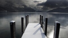 Lake Bridge winter water snow hills Mountains mirror photography