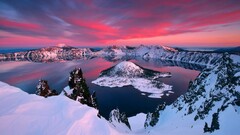 Lake Mountains snow sky crater lake nature landscape Oregon USA