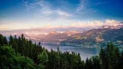 Lake nature forest landscape Mountains sunset summer City clouds