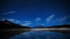 Lake night sky Stars Mountains reflection