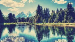 Lake Trees Mountains sky clouds landscape nature reflection