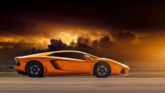 Lamborghini orange cars vehicle sky Lightning clouds Supercars