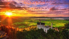 landscape castle Trees clouds sunset sunlight Lake Mountains