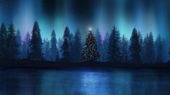 landscape christmas tree aurorae forest Christmas blue