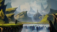 landscape digital art river Mountains castle fantasy art nature