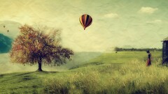 landscape hot air balloons vehicle Trees field grass sky