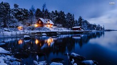 landscape Lake cabin winter nature Norway House