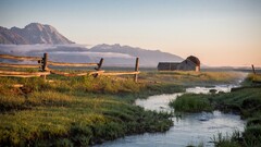 landscape Mountains farm barn field fence morning