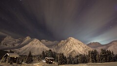 landscape Mountains nature snow Trees blurred cabin sky winter