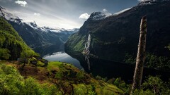 landscape Mountains nature water fjord Trees forest Norway House