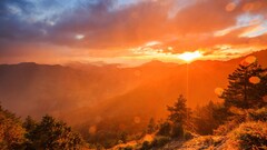 landscape Mountains Trees sun rays nature sky sunlight