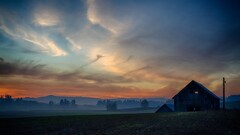 landscape nature sky clouds barn mist field dirt