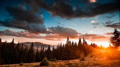 landscape nature sunset clouds mist grass Trees forest Mountains