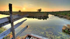 landscape nature Wood fence field water Algae river