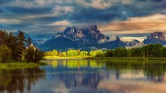 landscape river Mountains nature Wyoming USA clouds water