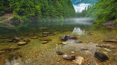 landscape river water nature stones Trees mist Mountains valley