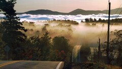 landscape road forest mist hills