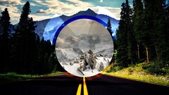 landscape Sea circle polyscape digital art Mountains road