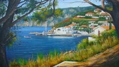 landscape sky artwork village painting nature Trees