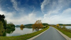 landscape sky road clouds Trees water