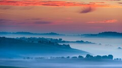 landscape sunset mist hills
