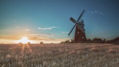 landscape windmill field sunlight sunrise