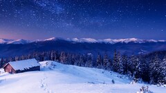 landscape winter Stars Mountains cabin snow