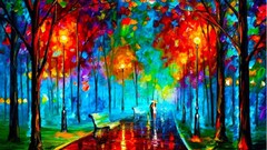 Leonid Afremov painting bench fall colorful path Park blue Trees