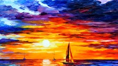 Leonid Afremov painting colorful boat Sea sunset artwork sky