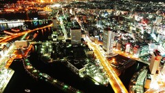 lights road building horizon yokohama night Japan cityscape