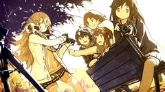 Manga Anime cats camera long hair sepia bench Loundraw