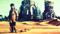 Men futuristic ruin ruins sand astronaut science fiction