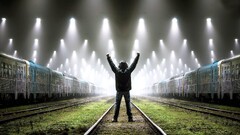 Men train station railway lights arms up train vehicle