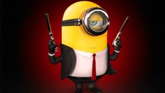 minions agent 47 gun red background humor tie