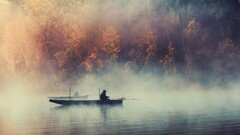 mist forest boat water Trees Lake nature