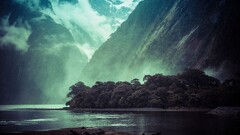 mist forest Trees Mountains nature landscape fjord snowy peak