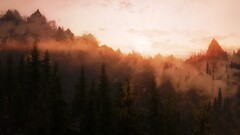 mist Trees forest sunset Mountains the elder scrolls v skyrim