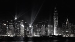 monochrome cityscape Hong Kong night black lights Asia