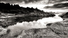 monochrome river hills rock clouds nature landscape