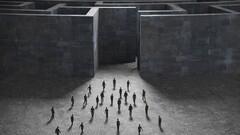 monochrome surreal digital art People labyrinth maze
