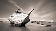 monochrome vehicle wreck boat