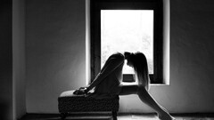 monochrome Women window sitting legs model barefoot
