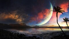 moon water Sea reflection palm trees beach digital art sky