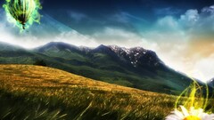 Mountains digital art field hot air balloons nature landscape