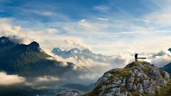 Mountains People nature bench clouds panorama Alps peak